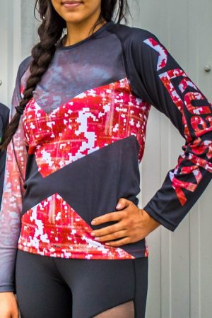 women wearing medium sized blue digi camo jersey